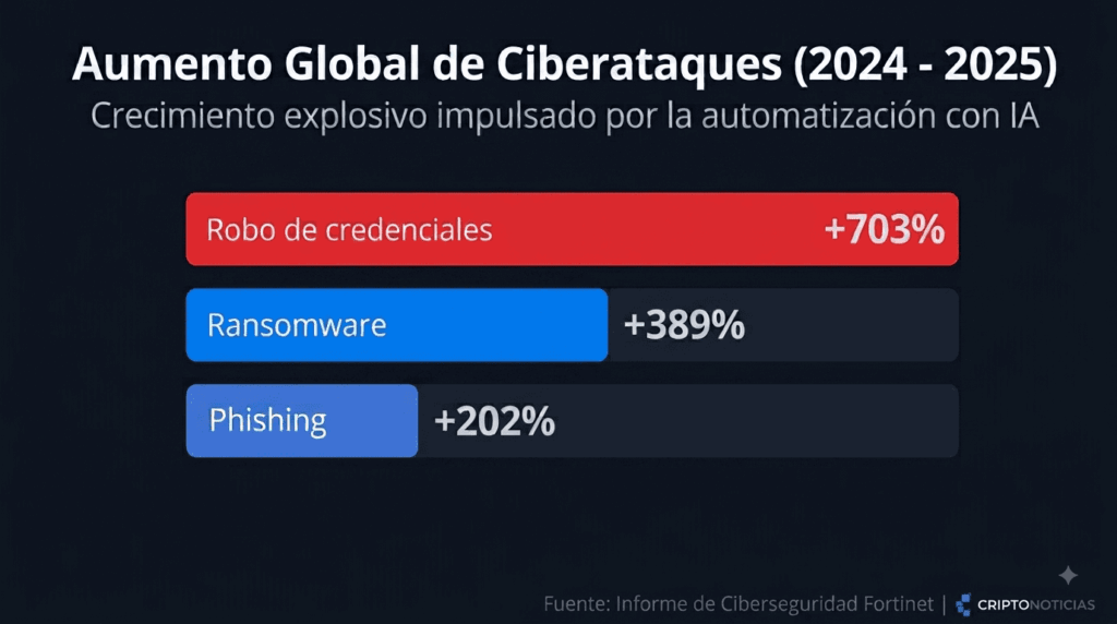 Infografía sobre el aumento global de ciberataques entre 2024 y 2025. Gráfico de barras horizontales sobre fondo oscuro que muestra un incremento del 703% en robo de credenciales, 389% en ransomware y 202% en phishing, según datos de Fortinet. Incluye el logo de CriptoNoticias.