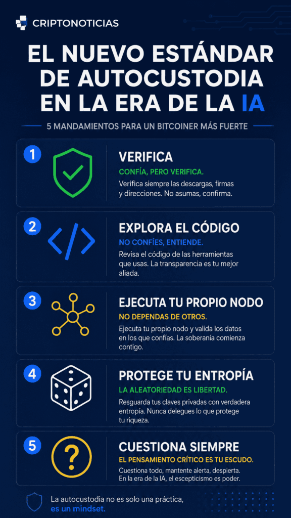 Infografía de CriptoNoticias con cinco mandamientos para proteger Bitcoin en la era de la IA: verifica, explora el código, opera tu nodo, protege la entropía y duda siempre. Fondo azul oscuro, estilo minimalista.