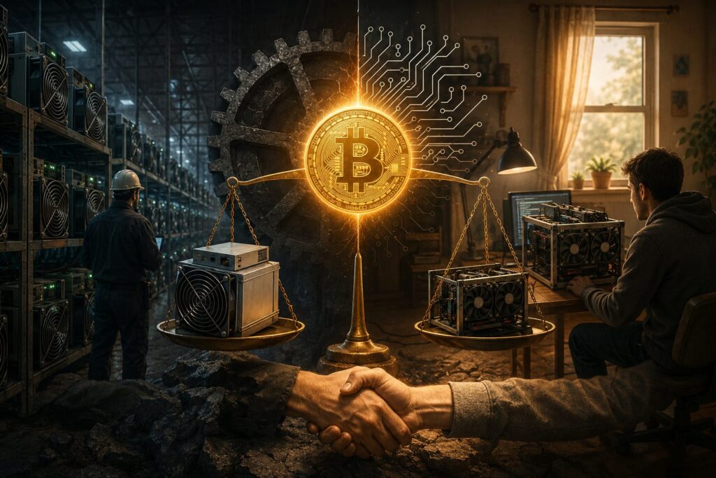 Una granja industrial de equipos ASIC a la izquierda y un sistema de minería a la derecha unidos por una moneda de bitcoin