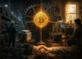 Una granja industrial de equipos ASIC a la izquierda y un sistema de minería a la derecha unidos por una moneda de bitcoin