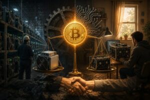 Una granja industrial de equipos ASIC a la izquierda y un sistema de minería a la derecha unidos por una moneda de bitcoin
