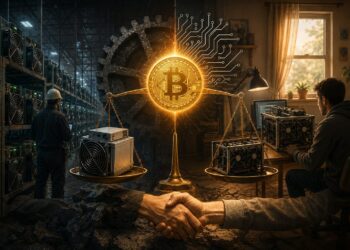 Una granja industrial de equipos ASIC a la izquierda y un sistema de minería a la derecha unidos por una moneda de bitcoin