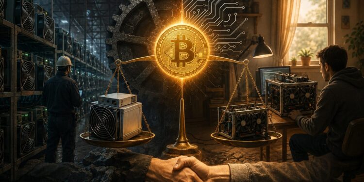 Una granja industrial de equipos ASIC a la izquierda y un sistema de minería a la derecha unidos por una moneda de bitcoin