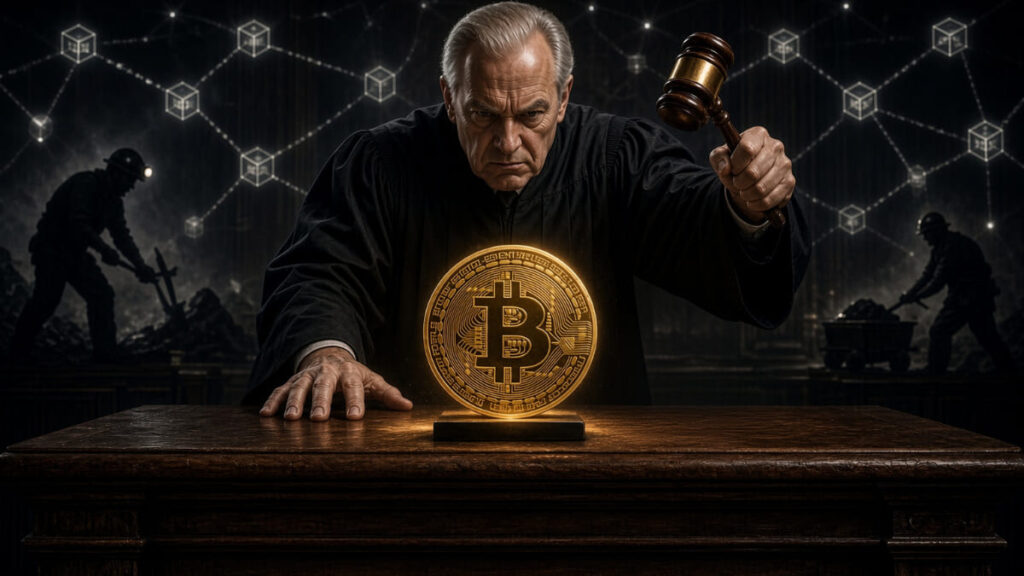 Un juez dando una sentencia sobre Bitcoin.