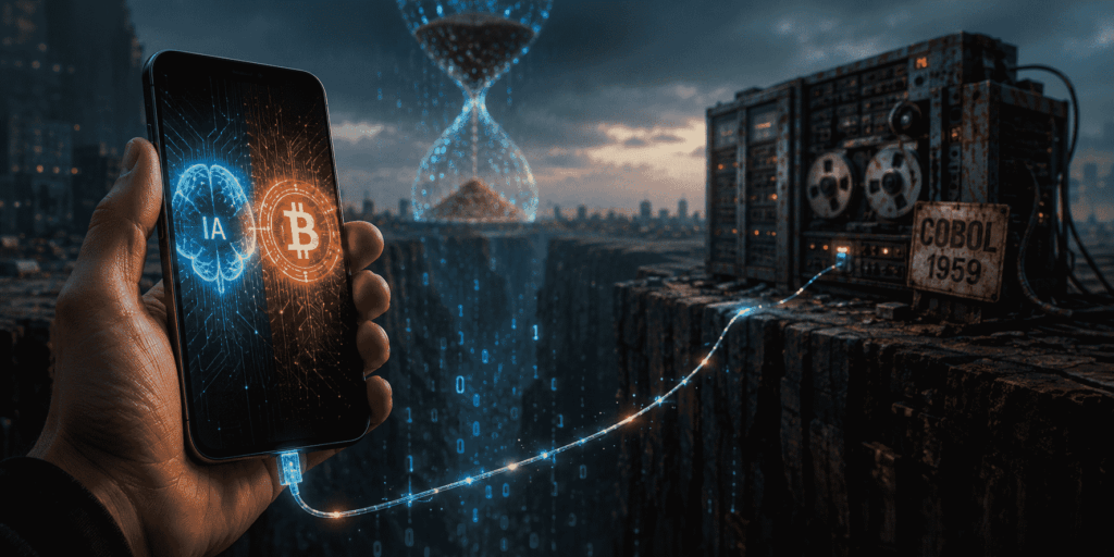 Mano con smartphone que emite luz azul y naranja (IA y Bitcoin), conectado por fibra óptica a través de un abismo digital hasta un mainframe oxidado de los 70 con un cartel "COBOL 1959". Reloj de arena digital al fondo. Simboliza el abismo entre la tecnología moderna y la banca obsoleta.