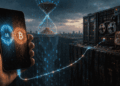 Mano con smartphone que emite luz azul y naranja (IA y Bitcoin), conectado por fibra óptica a través de un abismo digital hasta un mainframe oxidado de los 70 con un cartel "COBOL 1959". Reloj de arena digital al fondo. Simboliza el abismo entre la tecnología moderna y la banca obsoleta.