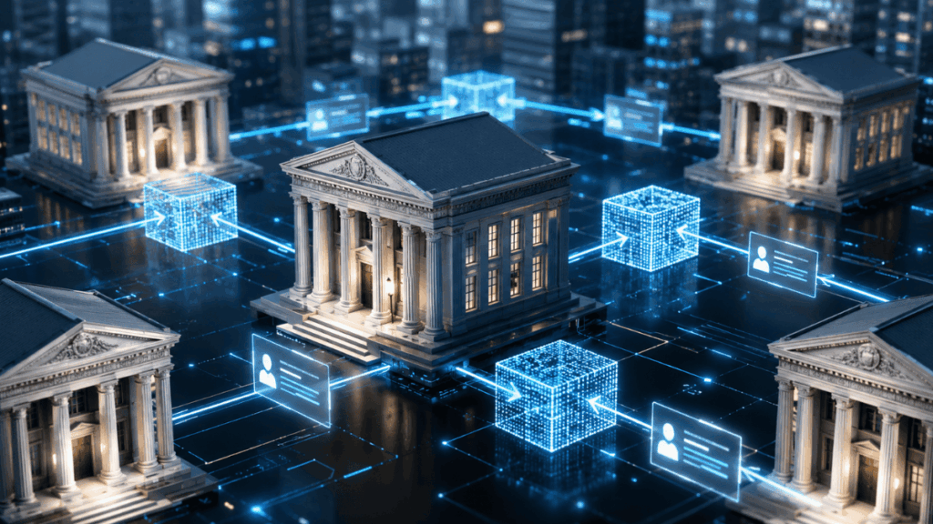 Bancos conectados por una red de criptomonedas.