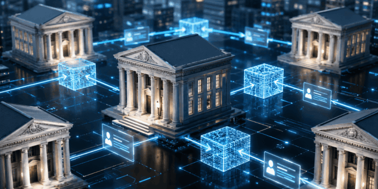 Bancos conectados por una red de criptomonedas.