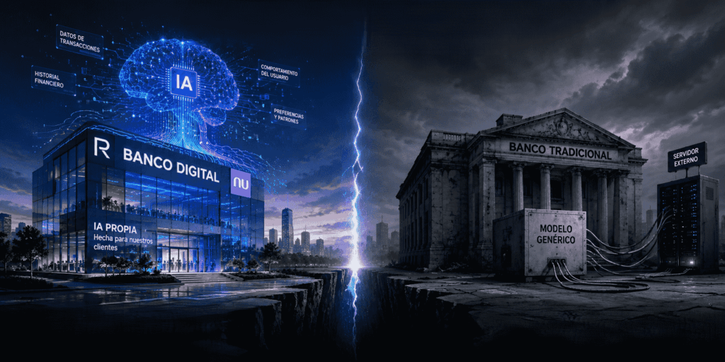 Imagen principal del reportaje "Entrenar tu propia IA o quedarte atrás". Dos mundos enfrentados: el banco que construye su inteligencia artificial con datos propios frente al banco que alquila modelos genéricos. La composición muestra un abismo central que separa la innovación de la obsolescencia.