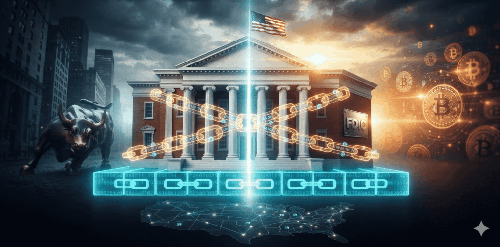 Ilustración editorial fotorrealista de un edificio bancario neoclásico envuelto por una cadena digital dorada, elevándose sobre una base de bloques de libro mayor. A la izquierda, siluetas de rascacielos de Wall Street en tonos grisáceos; a la derecha, resplandor anaranjado con símbolos de Bitcoin. Cielo dramático de tormenta abriéndose a un amanecer dorado. Superposición translúcida del mapa de EE.UU. con 39 puntos luminosos conectados. Placa del FDIC y bandera estadounidense en el edificio. Composición en contrapicado, iluminación cinematográfica con claroscuro.