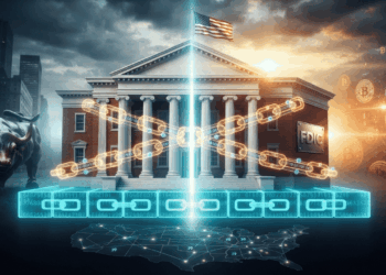 Ilustración editorial fotorrealista de un edificio bancario neoclásico envuelto por una cadena digital dorada, elevándose sobre una base de bloques de libro mayor. A la izquierda, siluetas de rascacielos de Wall Street en tonos grisáceos; a la derecha, resplandor anaranjado con símbolos de Bitcoin. Cielo dramático de tormenta abriéndose a un amanecer dorado. Superposición translúcida del mapa de EE.UU. con 39 puntos luminosos conectados. Placa del FDIC y bandera estadounidense en el edificio. Composición en contrapicado, iluminación cinematográfica con claroscuro.