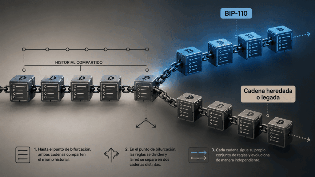 Imagen ilustrativa de una bifurcación en la red Bitcoin.