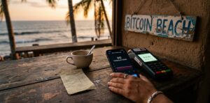 Mano femenina sosteniendo un teléfono inteligente sobre un mostrador de madera en un café costero con vista al Pacífico. Pantalla de billetera Bitcoin muestra "cero transacciones en el último mes". Al lado, datáfono bancario encendido. Taza vacía, recibo arrugado, papel con el número "31". Letrero desgastado de "Bitcoin Beach" en la pared. Luz cálida de atardecer. Estilo cinematográfico.