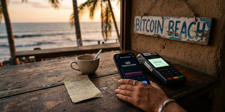 Mano femenina sosteniendo un teléfono inteligente sobre un mostrador de madera en un café costero con vista al Pacífico. Pantalla de billetera Bitcoin muestra "cero transacciones en el último mes". Al lado, datáfono bancario encendido. Taza vacía, recibo arrugado, papel con el número "31". Letrero desgastado de "Bitcoin Beach" en la pared. Luz cálida de atardecer. Estilo cinematográfico.