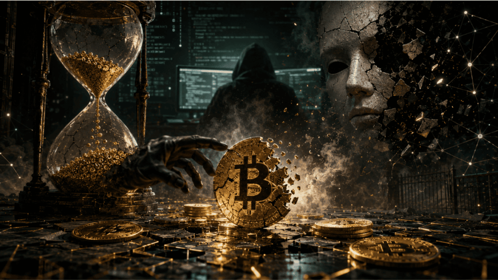 Una moneda de Bitcoin atacada por un hacker.