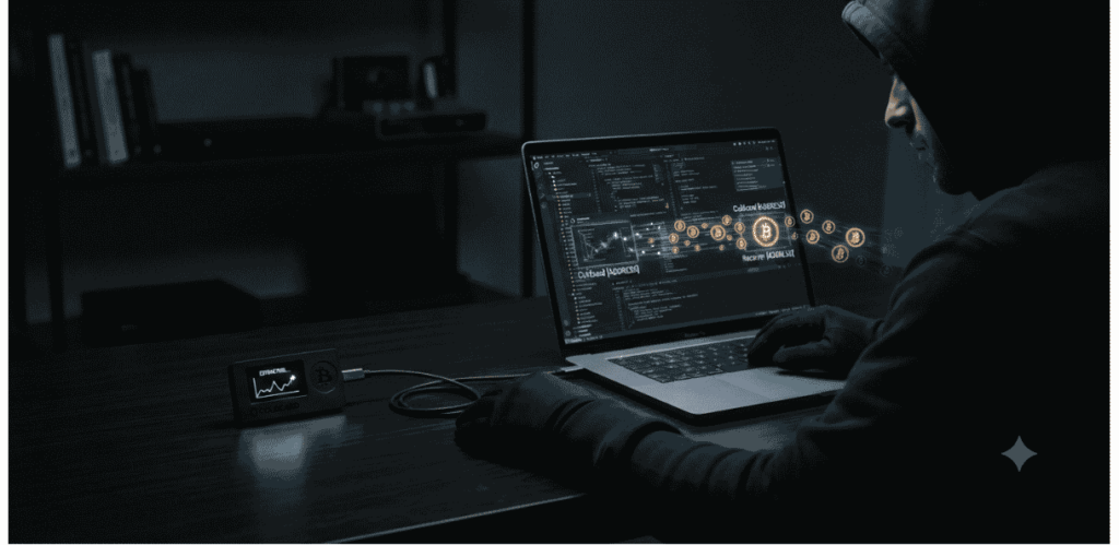 un hacker robando bitcoins.