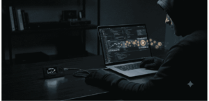 un hacker robando bitcoins.