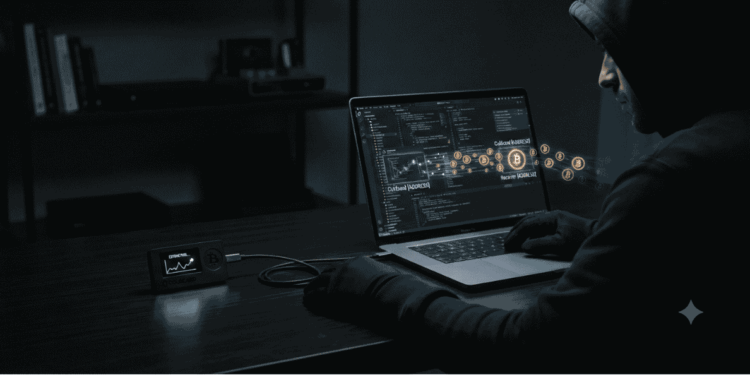 un hacker robando bitcoins.