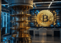 Un laboratorio de computación cuántica junto a una pantalla con una moneda de Bitcoin.