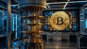 Un laboratorio de computación cuántica junto a una pantalla con una moneda de Bitcoin.