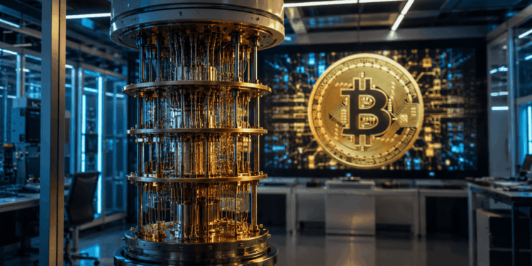 Un laboratorio de computación cuántica junto a una pantalla con una moneda de Bitcoin.