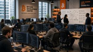 Un grupo de desarrolladores y programadores de Bitcoin debatiendo ideas.