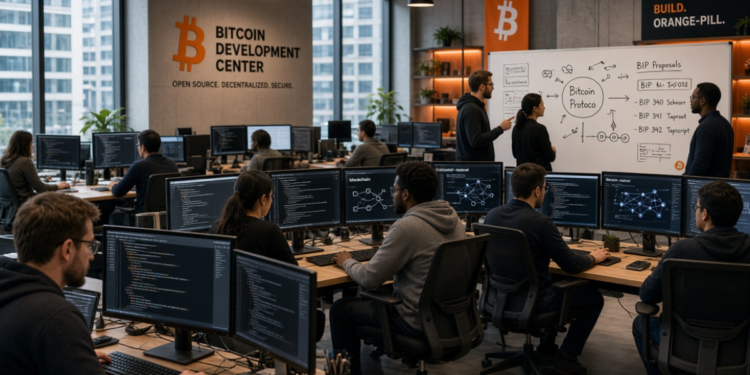 Un grupo de desarrolladores y programadores de Bitcoin debatiendo ideas.