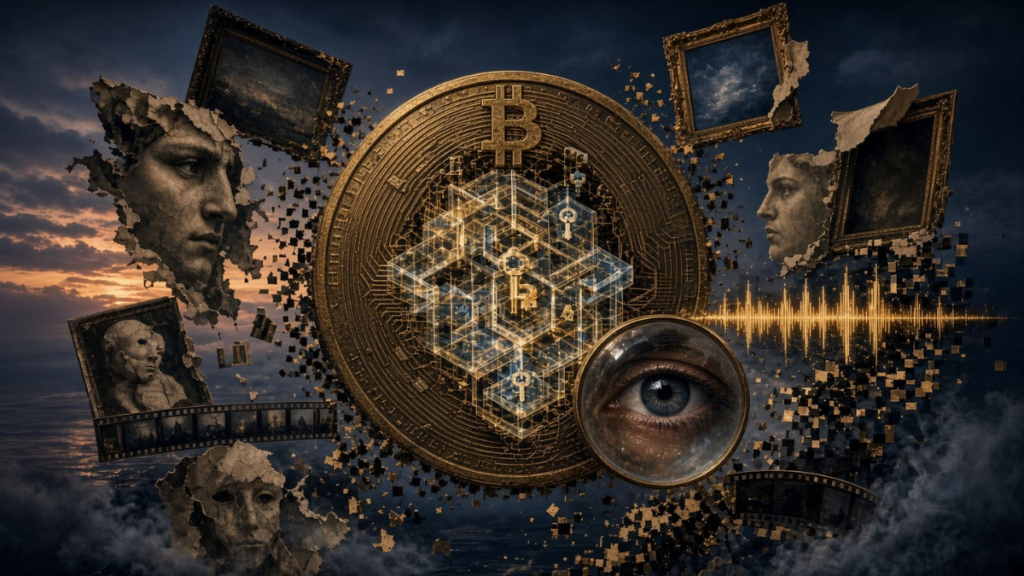 Imagenes de cuadros y esculturas rodeando una moneda de Bitcoin.