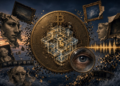 Imagenes de cuadros y esculturas rodeando una moneda de Bitcoin.