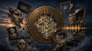 Imagenes de cuadros y esculturas rodeando una moneda de Bitcoin.