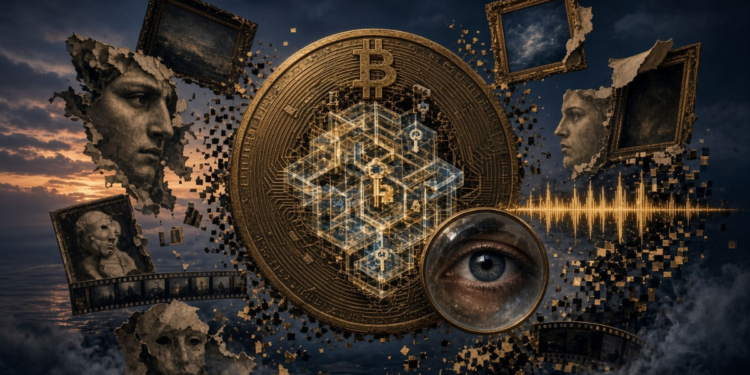 Imagenes de cuadros y esculturas rodeando una moneda de Bitcoin.