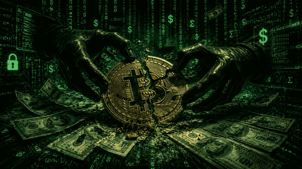 Una moneda de Bitcoin manipulada por manos negras.