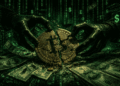 Una moneda de Bitcoin manipulada por manos negras.
