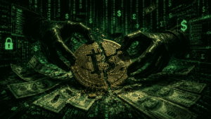 Una moneda de Bitcoin manipulada por manos negras.