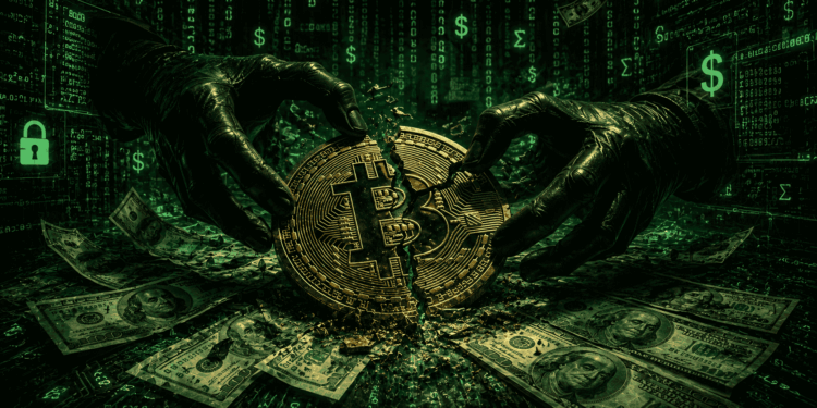 Una moneda de Bitcoin manipulada por manos negras.