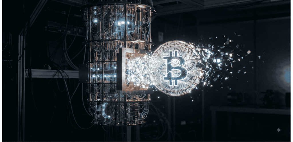 Una computadora cuántica "rompiendo" un BTC.