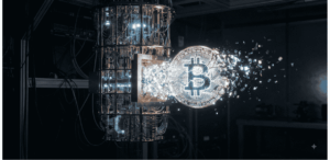 Una computadora cuántica "rompiendo" un BTC.