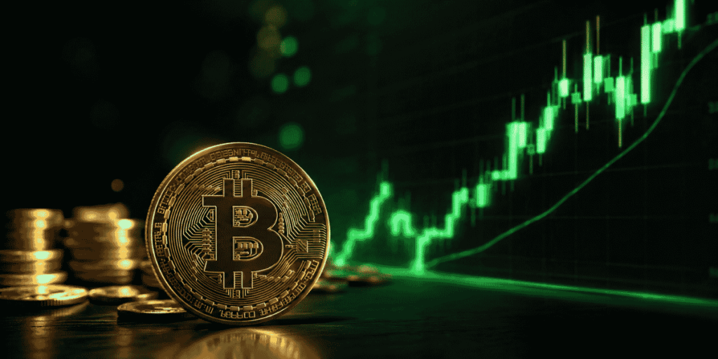 Moneda de BTC con unas velas en verde.