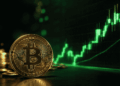 Moneda de BTC con unas velas en verde.