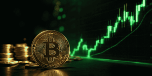 Moneda de BTC con unas velas en verde.