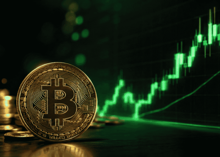 Moneda de BTC con unas velas en verde.