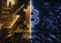 Imagen conceptual de CriptoNoticias que muestra la dualidad de Bitcoin. A la izquierda, la narrativa de Wall Street: "oro digital", "inmutable", "geopolíticamente neutral". A la derecha, la realidad técnica: código en disputa, BIP-360, bifurcaciones y desarrolladores en conflicto. Una grieta luminosa separa ambas visiones.