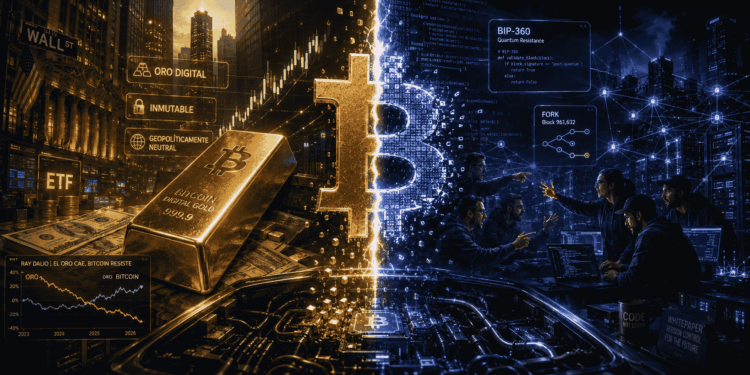 Imagen conceptual de CriptoNoticias que muestra la dualidad de Bitcoin. A la izquierda, la narrativa de Wall Street: "oro digital", "inmutable", "geopolíticamente neutral". A la derecha, la realidad técnica: código en disputa, BIP-360, bifurcaciones y desarrolladores en conflicto. Una grieta luminosa separa ambas visiones.