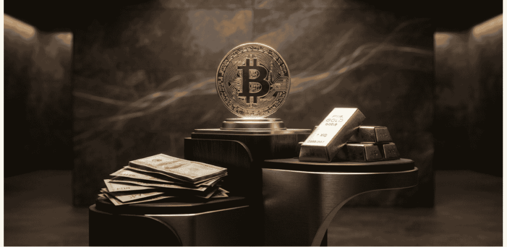 Un podio donde aparece BTC en primer lugar, luego el oro. De último, el dinero fiat.