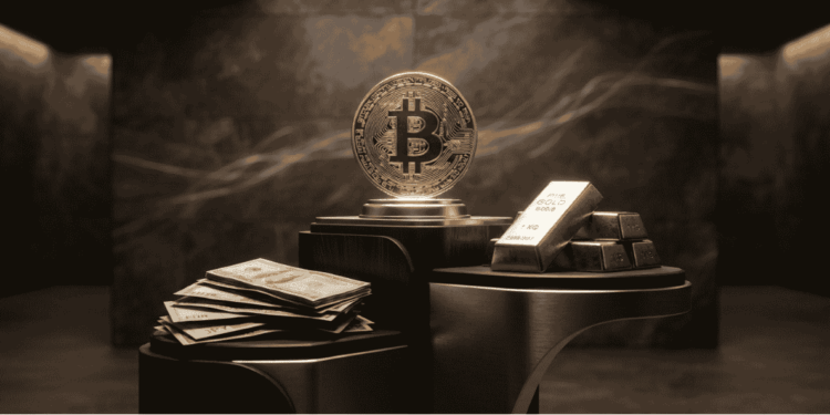 Un podio donde aparece BTC en primer lugar, luego el oro. De último, el dinero fiat.