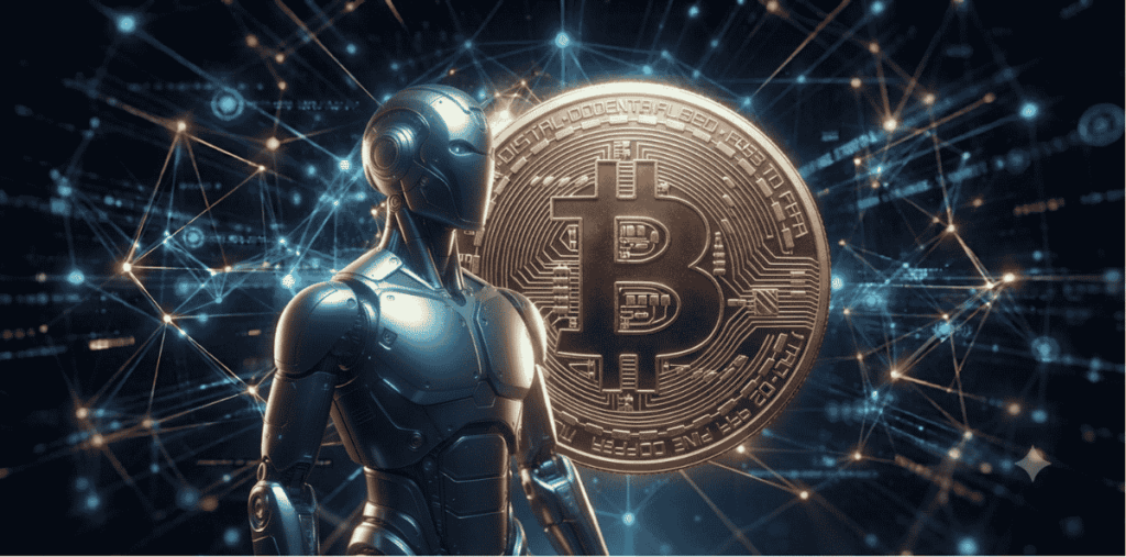 Un robot que representa a la inteligencia artificial. Una moneda de BTC.