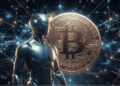 Un robot que representa a la inteligencia artificial. Una moneda de BTC.