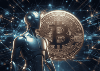 Un robot que representa a la inteligencia artificial. Una moneda de BTC.