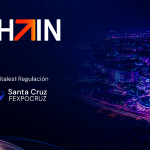 Banner de BLOCKCHAIN2040 con fecha, ubicación en FEXPOCRUZ y panorama nocturno de Santa Cruz.
