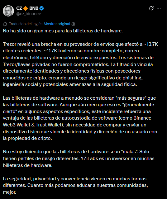 Captura de pantalla del tuit de Changpeng Zhao (CZ), fundador de Binance, publicado el 13 de agosto de 2026. El tuit comienza con la frase: "No es un buen mes para las hardware wallets". En él, CZ comenta la filtración de datos de Trezor, señalando que el incidente expuso nombres, correos, teléfonos y direcciones de envío de unos 13.700 clientes, y que vincula directamente identidades y direcciones físicas con tenedores de criptomonedas.